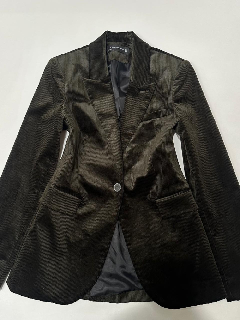 Zara Woman Corduroy Blazer Jacket Small Dark Olive Green Single Button Spain